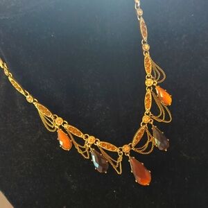 Gorgeous! Amber Stone crystal necklace gold brown orange colors